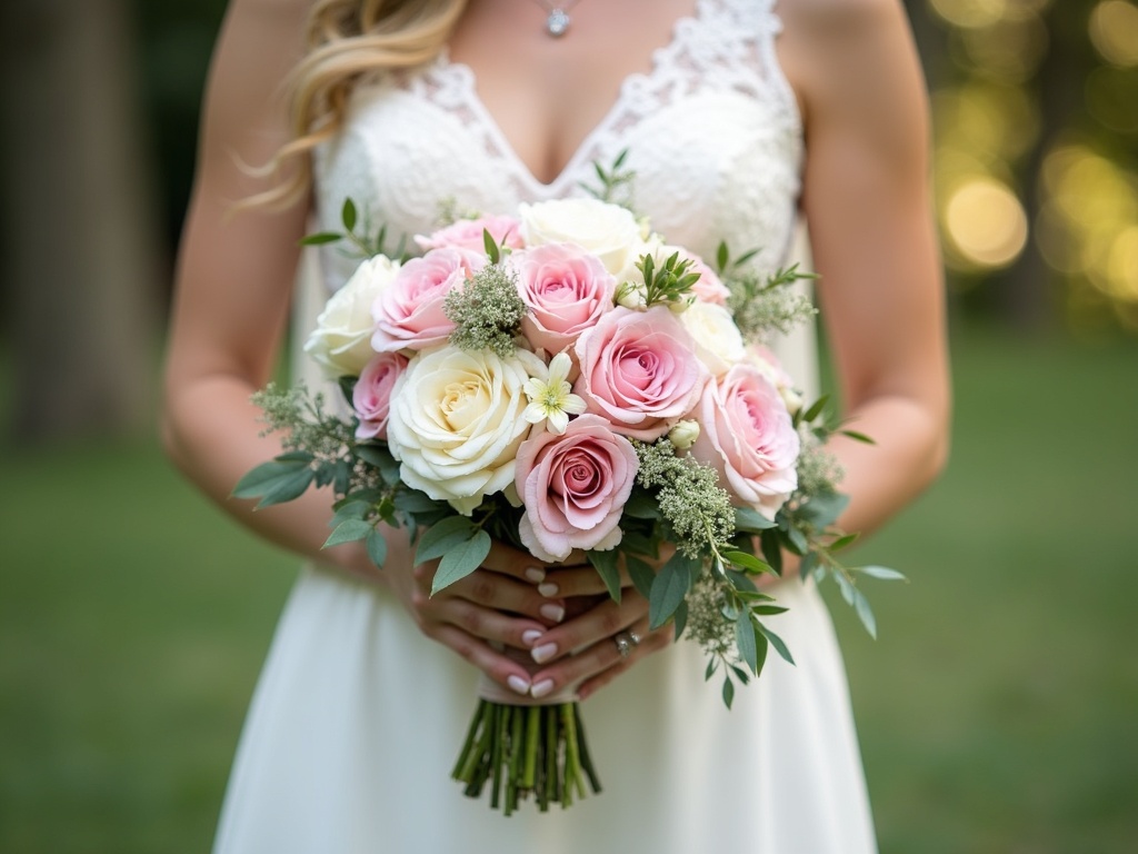 Braut hält romantischen Strauß mit rosa und weißen Rosen