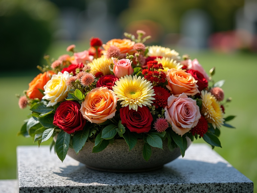 Farbenfrohes Grabgesteck mit Rosen und Chrysanthemen