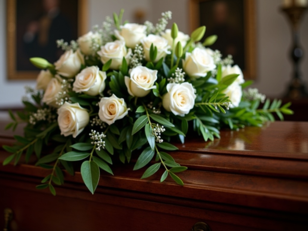 Sargschmuck mit weißen Rosen auf poliertem Holzsarg