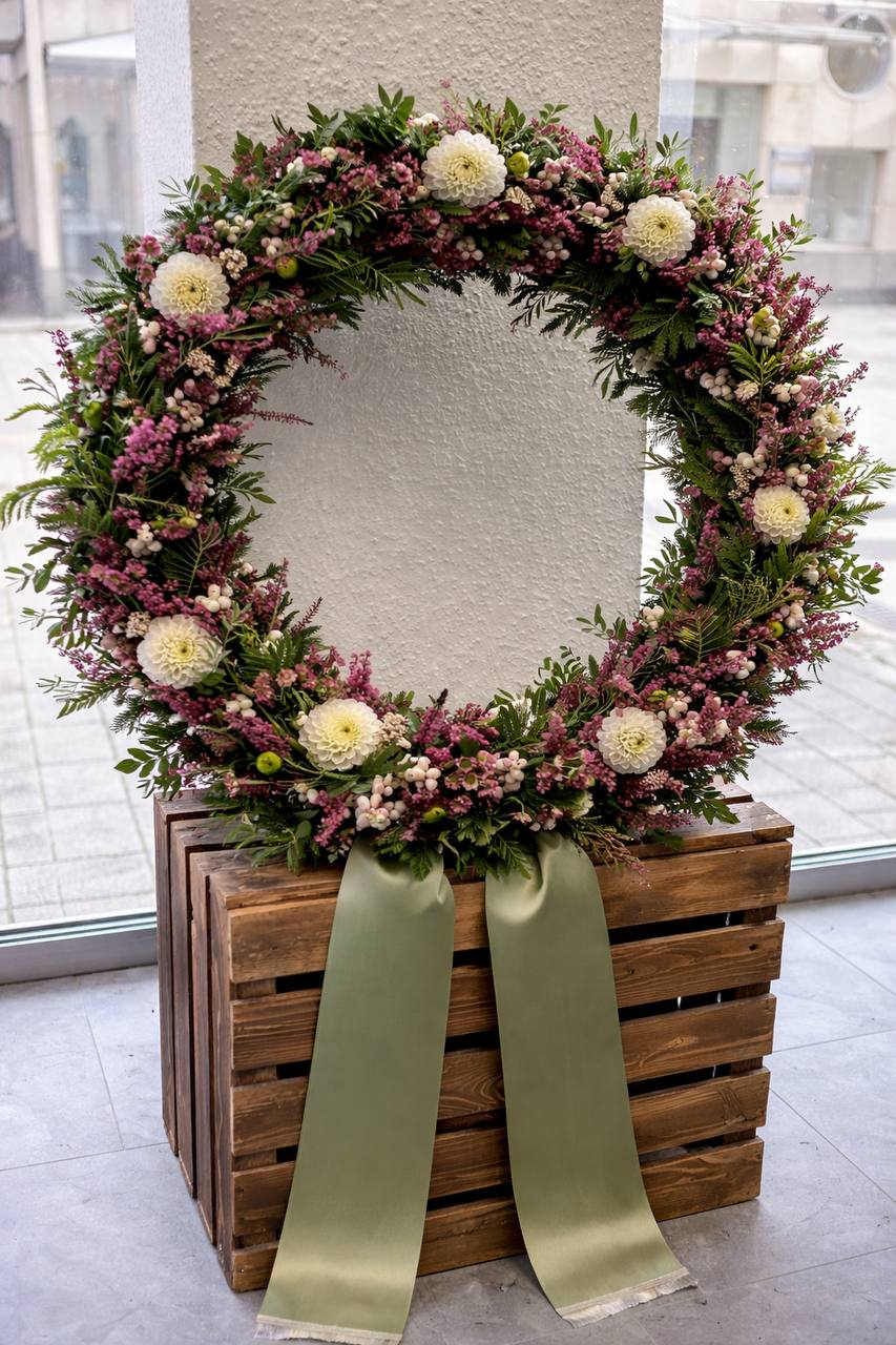 Trauerkranz mit weißen Lilien und grünem Tannengrün