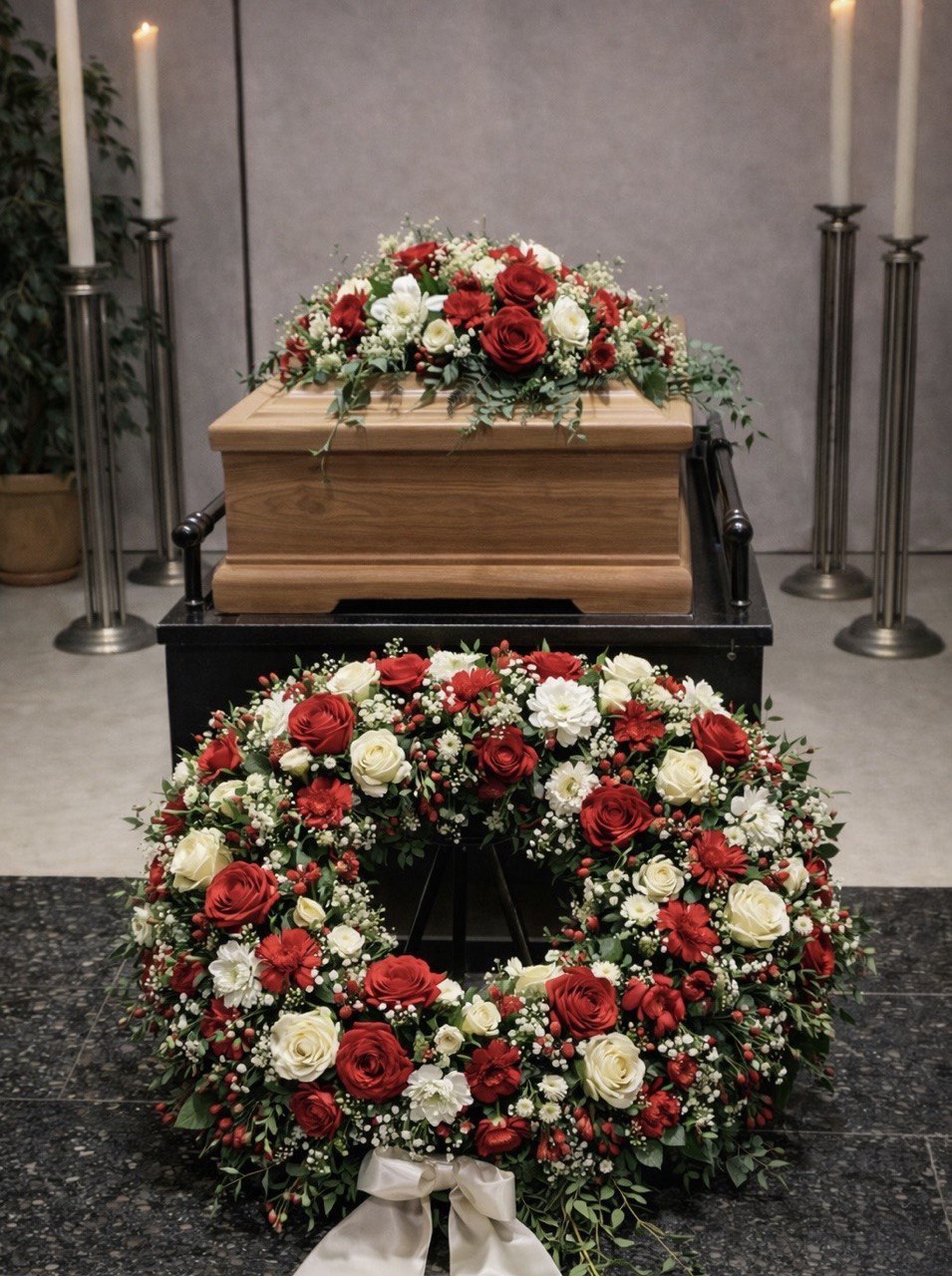 Florale Sargdekoration mit saisonalen Blumen