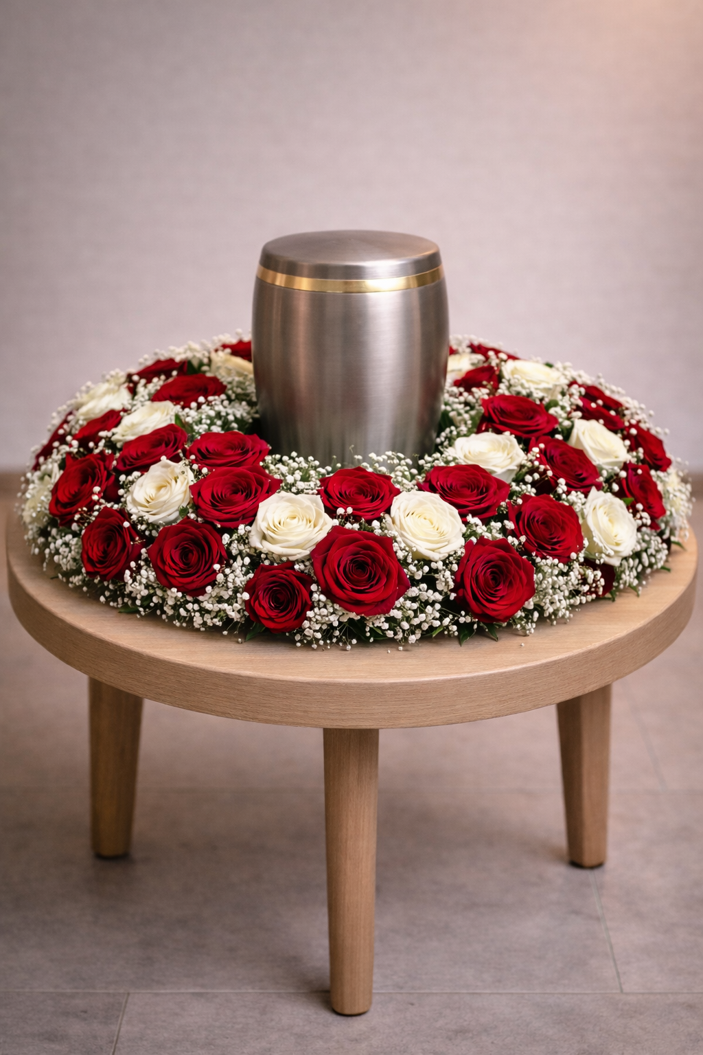 Urnenkranz mit weißen und rosa Rosen