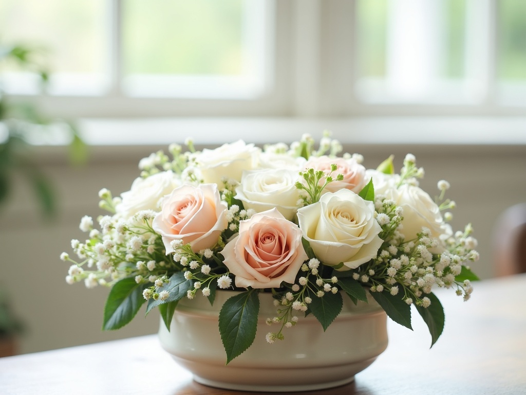 Zartes Urnengesteck mit weißen und rosa Rosen